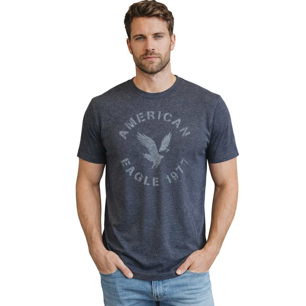 American Eagle Grey Knit Spell Out Short Sleeve Tee Small